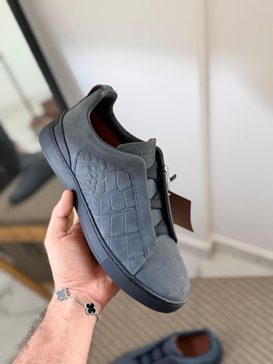 Ermenegildo Zegna CrocoPanel Suede Slip-On Sneakers – Midnight Edition