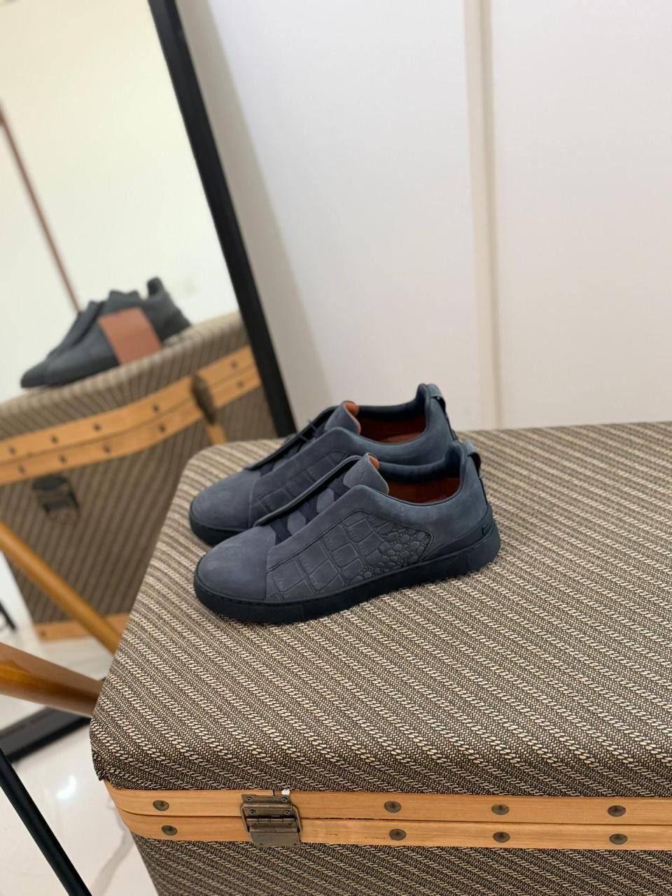Ermenegildo Zegna CrocoPanel Suede Slip-On Sneakers – Midnight Edition