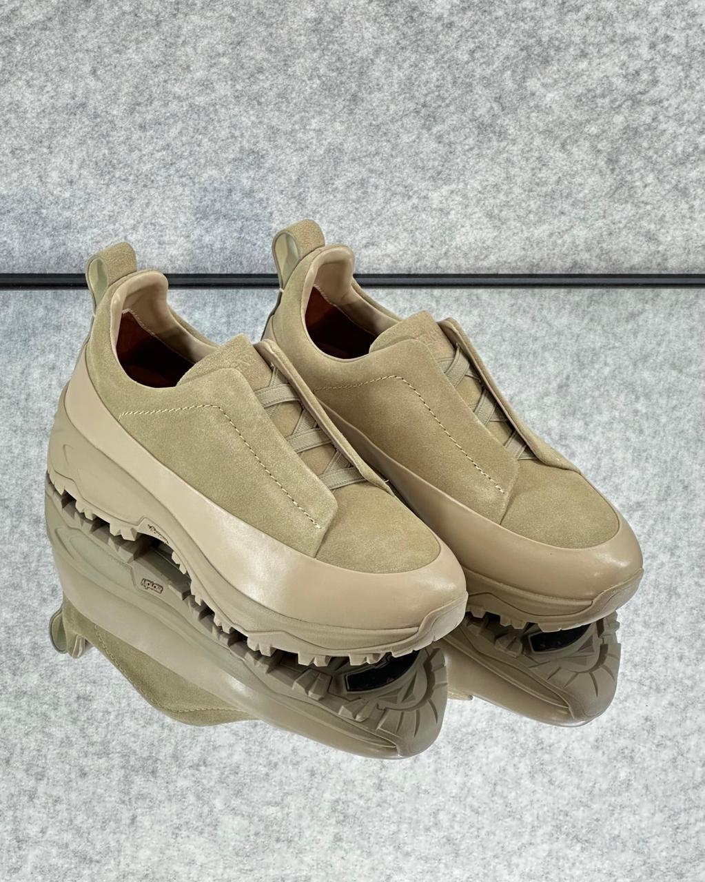 Zegna Beige Suede Utility Slip-On Sneakers