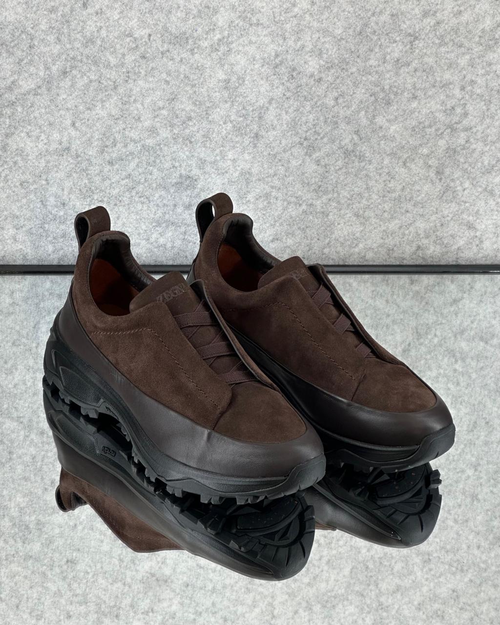 Zegna Brown Suede Utility Slip-On Sneakers