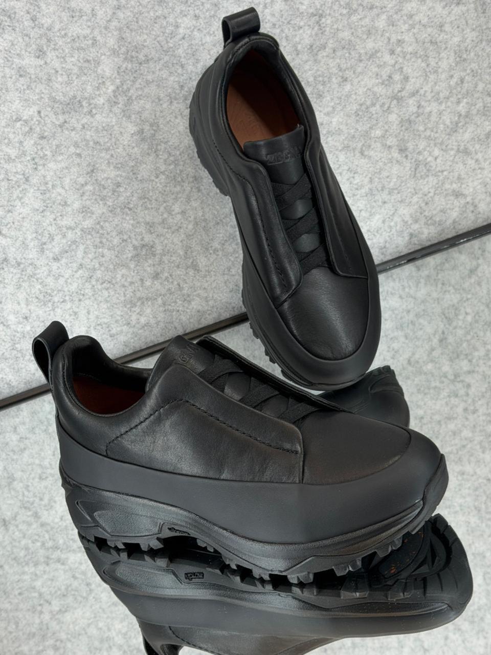 Zegna Black Leather Utility Slip-On Sneakers