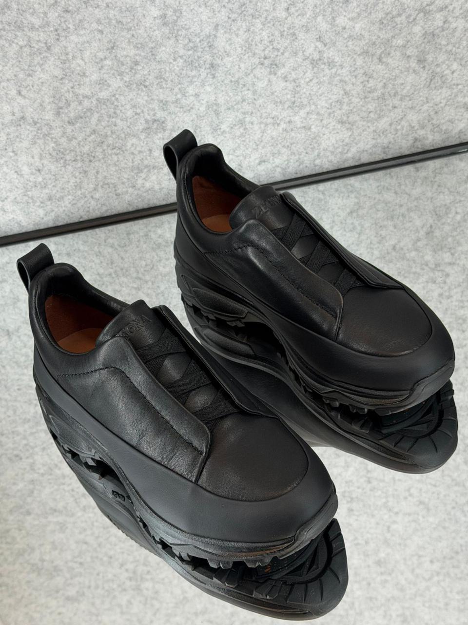 Zegna Black Leather Utility Slip-On Sneakers