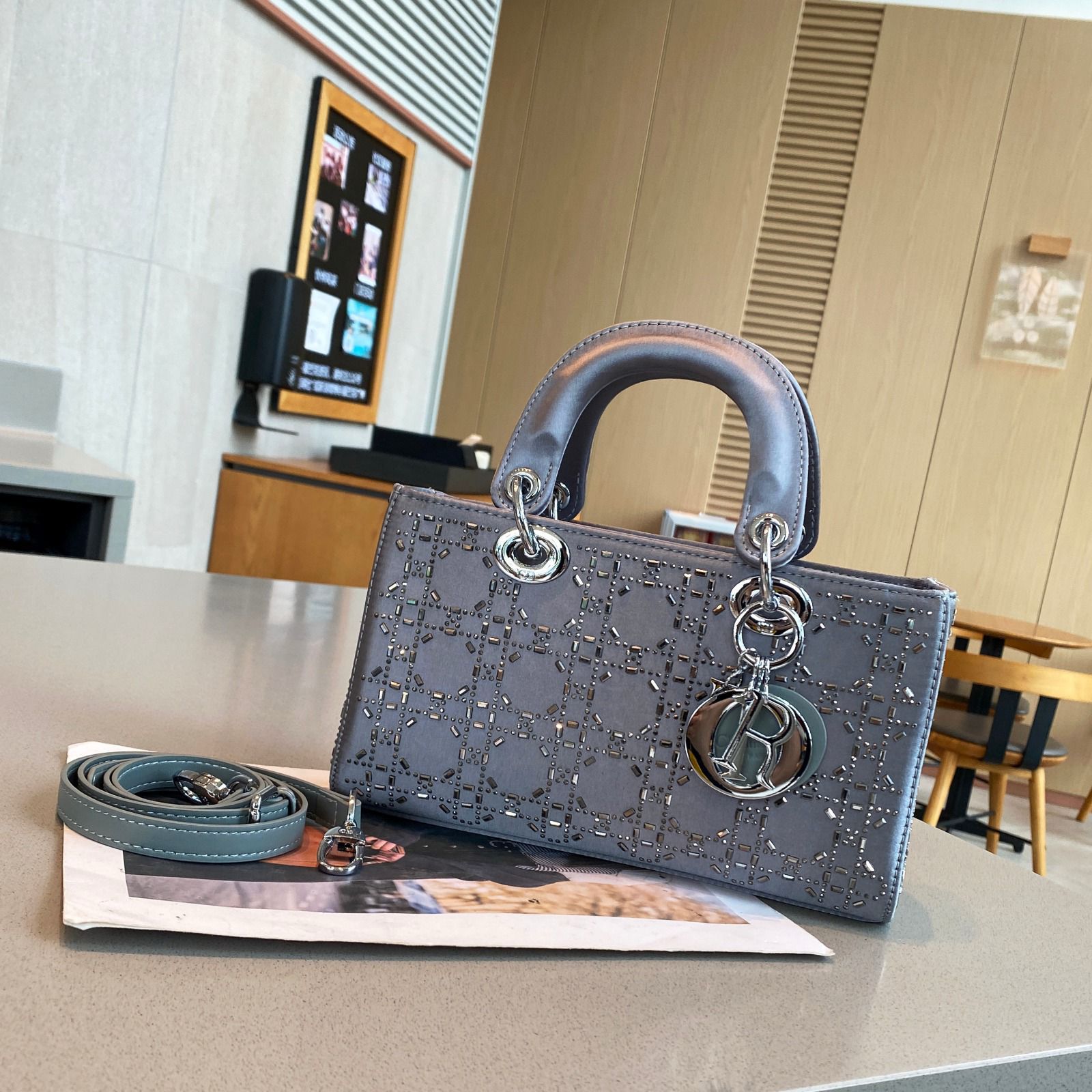 Dior Lady D-Joy Bag (Grey Satin with Crystal/Bead Embellishment)