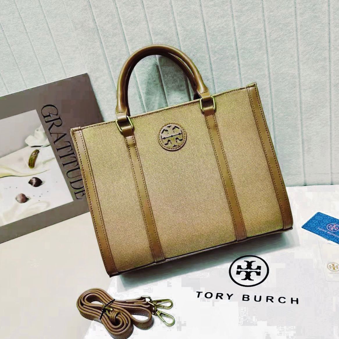 Tory Burch Ella Small Tote (Classic Cuoio / Canvas)