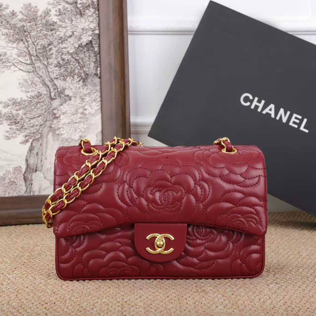 Chanel Camellia Embossed Flap Bag (Burgundy)