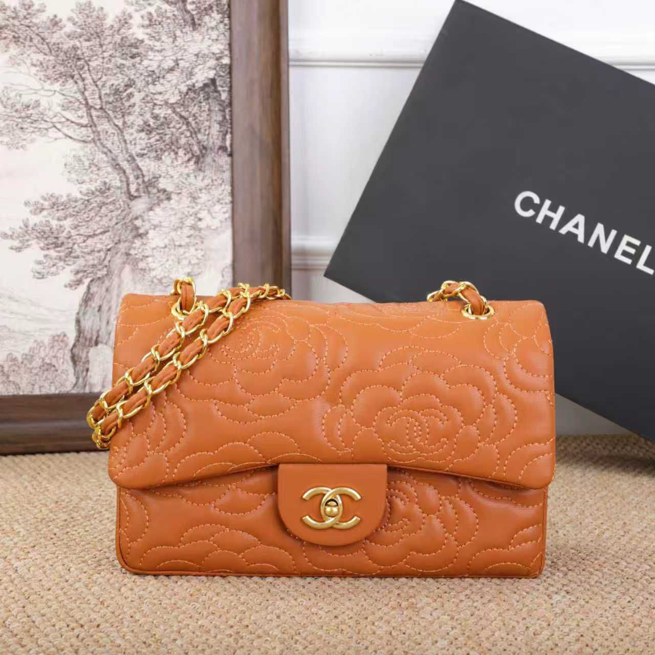 Chanel Camellia Embossed Flap Bag (Caramel/Tan)
