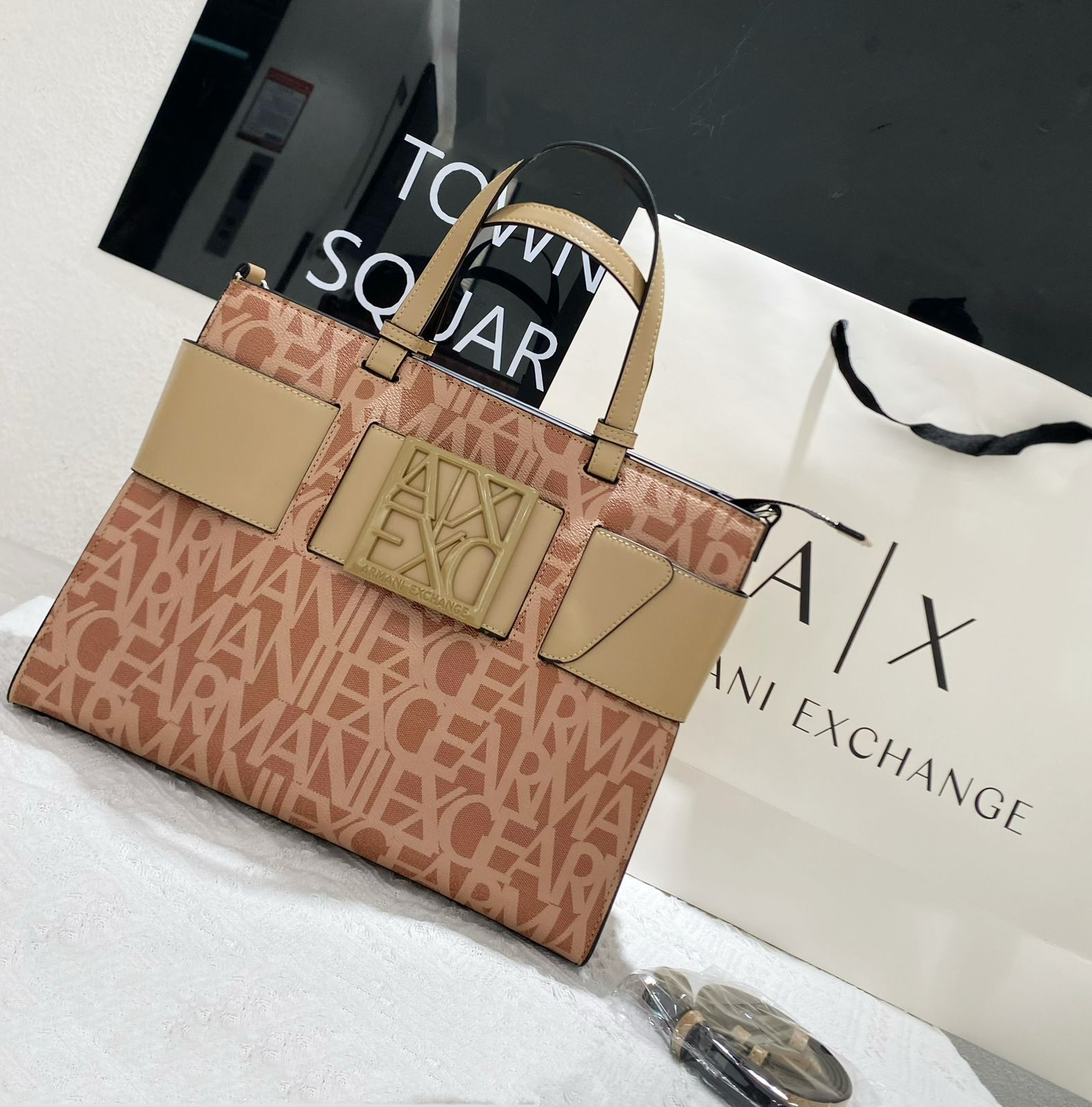 Armani Exchange Logo All-Over Tote Bag (Tan/Camel)