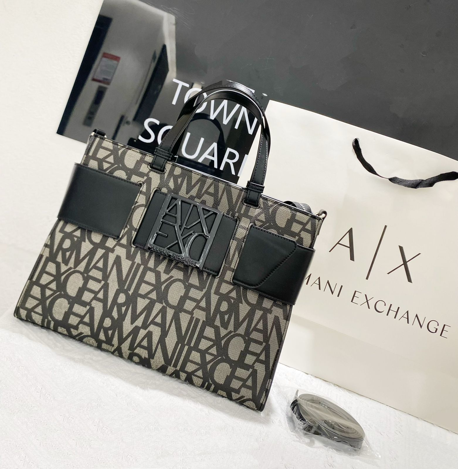 Armani Exchange Logo All-Over Tote Bag (Black/Dark Grey)