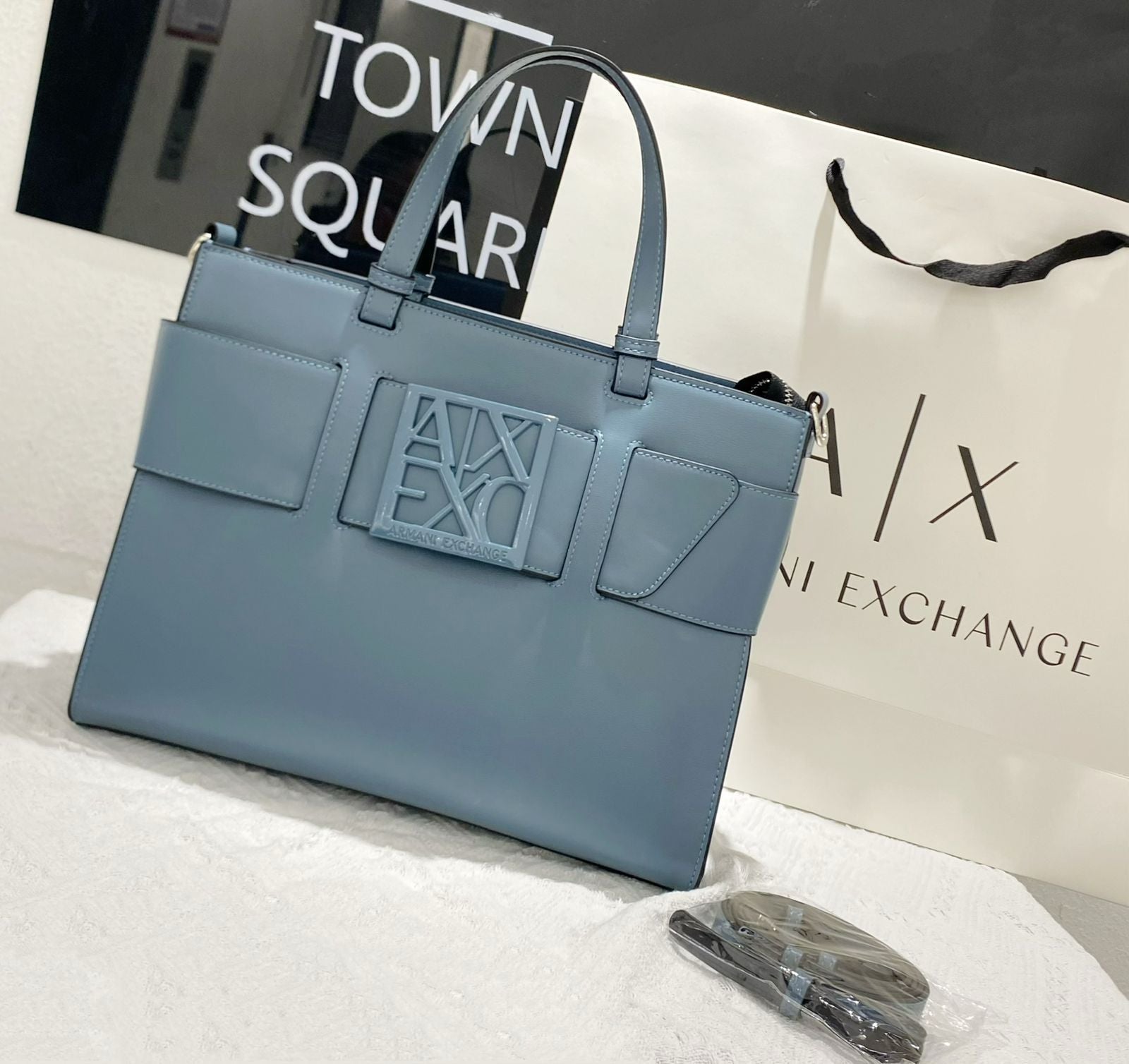 Armani Exchange Logo Plaque Tote Bag (Dusty Blue/Slate)