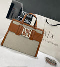 Armani Exchange Straw-Effect Logo Tote Bag (Beige/Cognac with Silver Hardware)