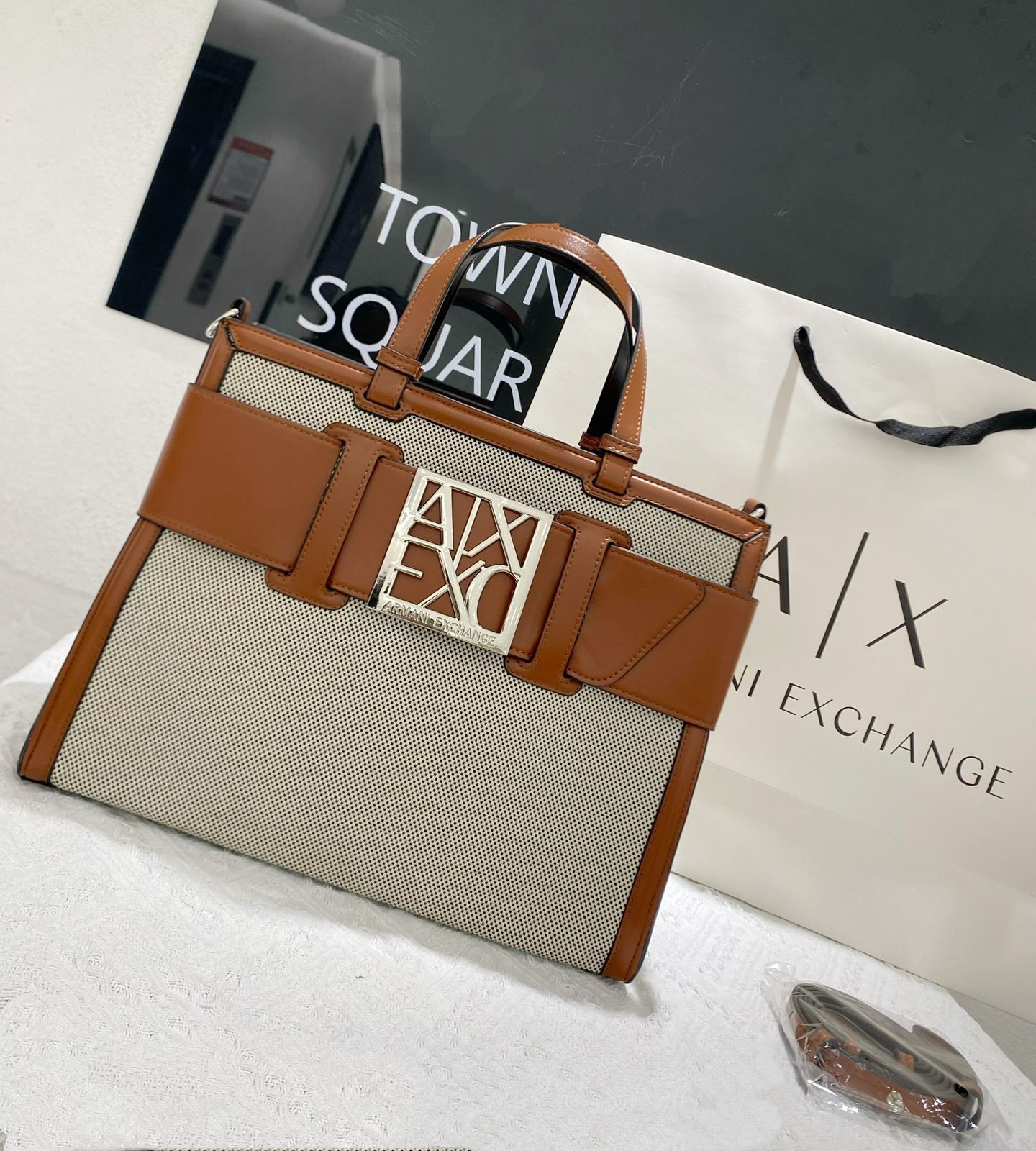Armani Exchange Straw-Effect Logo Tote Bag (Beige/Cognac with Silver Hardware)