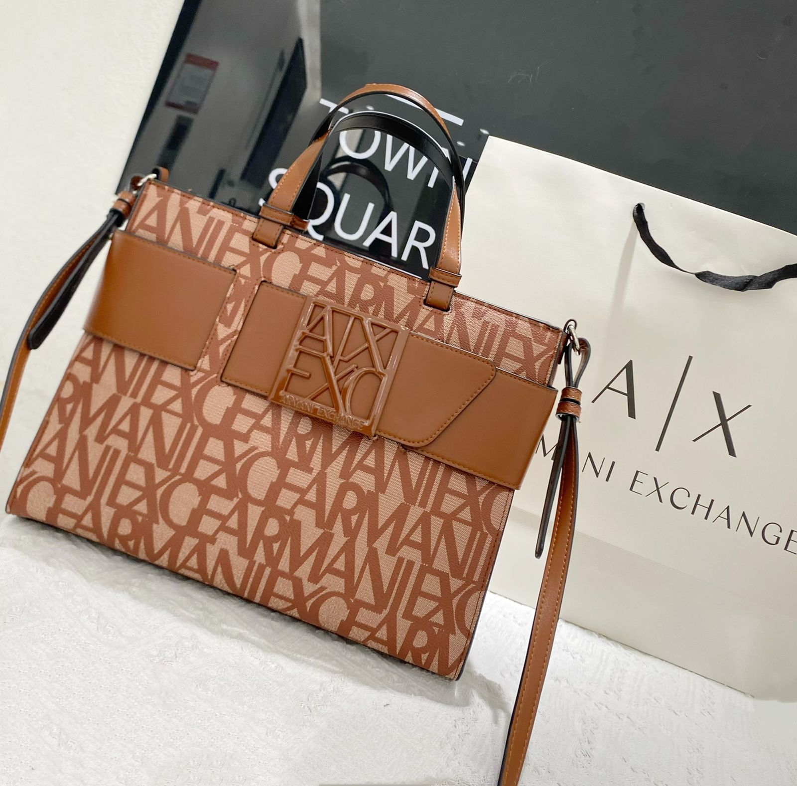 Armani Exchange Logo All-Over Tote Bag (Cognac/Tan)