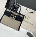Armani Exchange Straw-Effect Logo Tote Bag (Beige/Black)