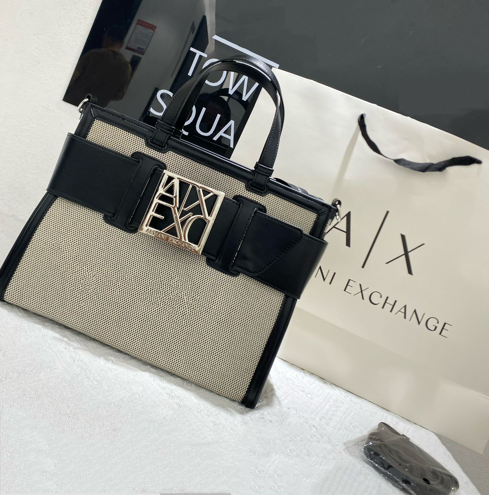 Armani Exchange Straw-Effect Logo Tote Bag (Beige/Black)