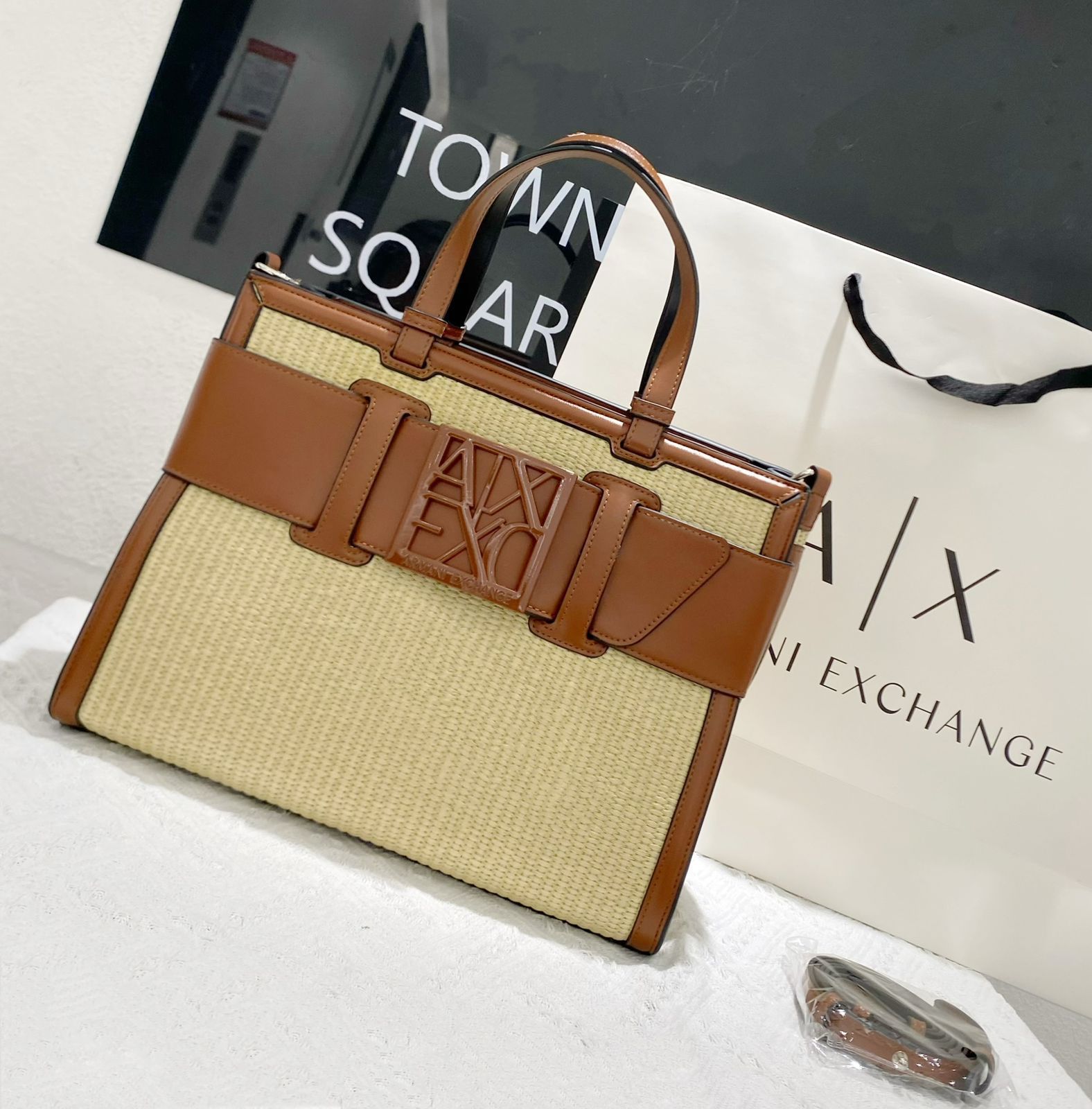Armani Exchange Straw-Effect Logo Tote Bag (Beige/Cognac)