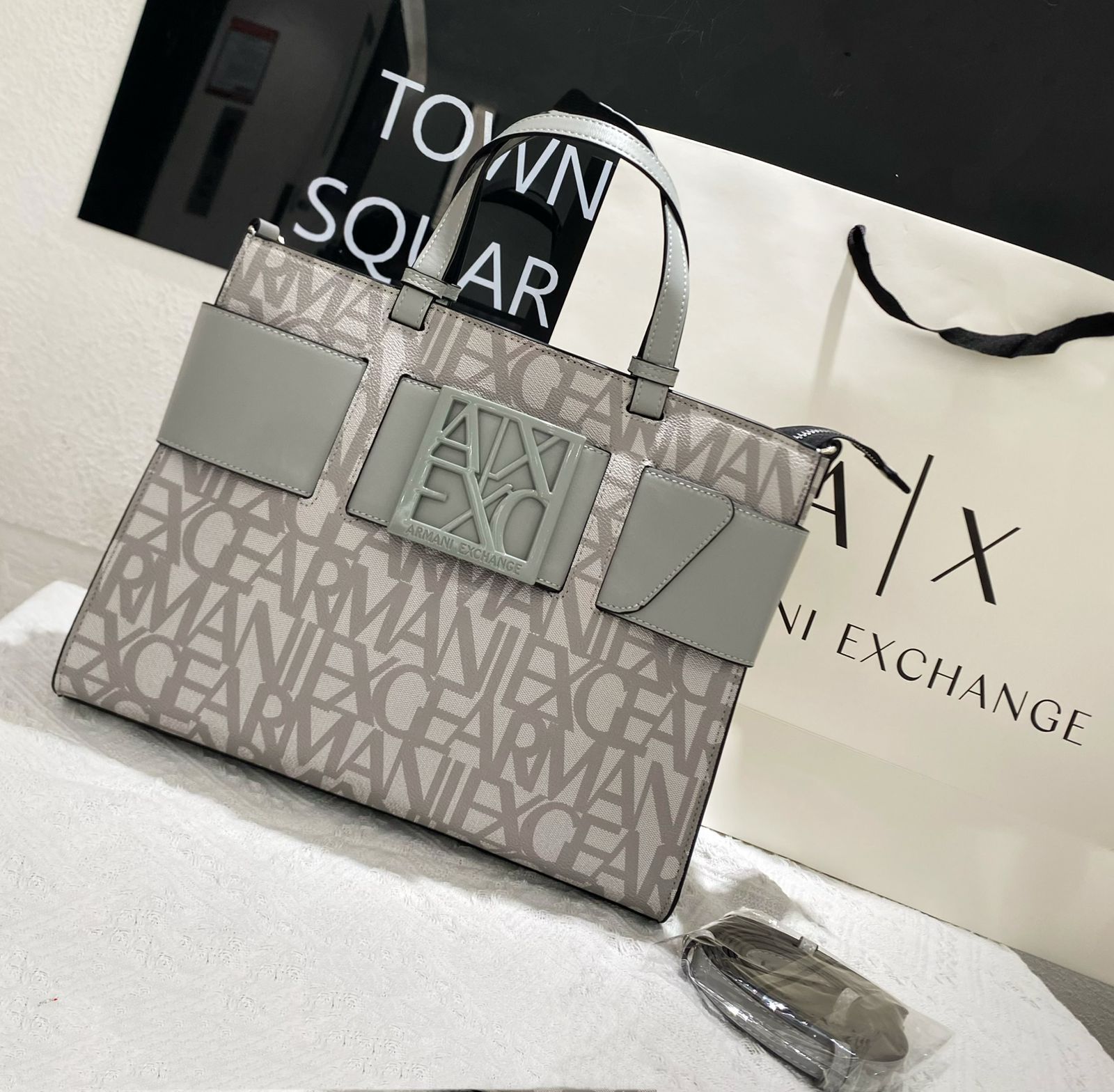 Armani Exchange Logo All-Over Tote Bag (Light Grey/Greige)