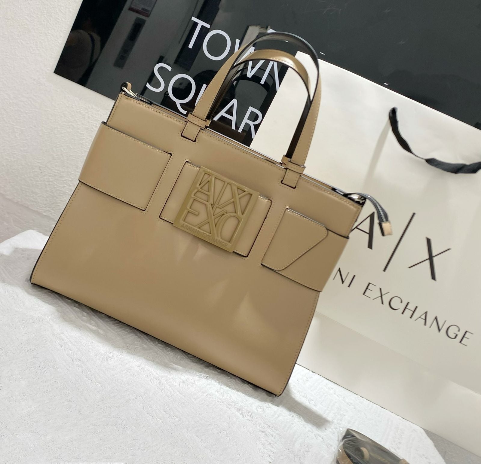 Armani Exchange Logo Plate Tote Bag (Beige/Tan)