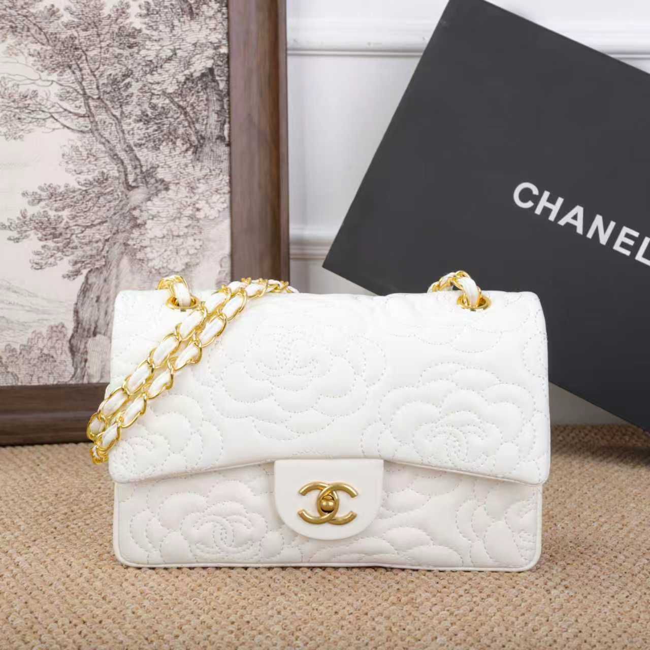 Chanel Camellia Embossed Flap Bag (White)