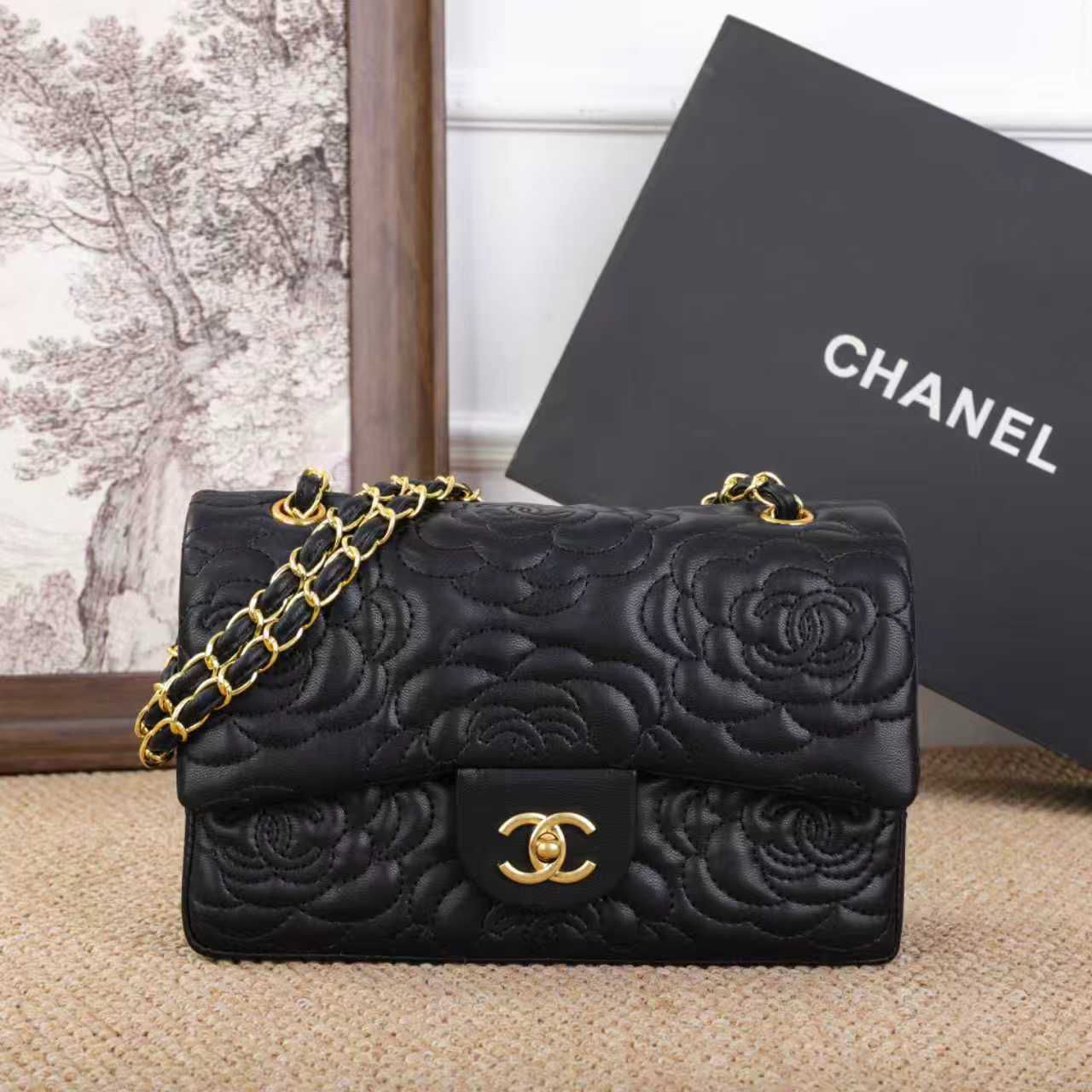 Chanel Camellia Embossed Flap Bag (Black)