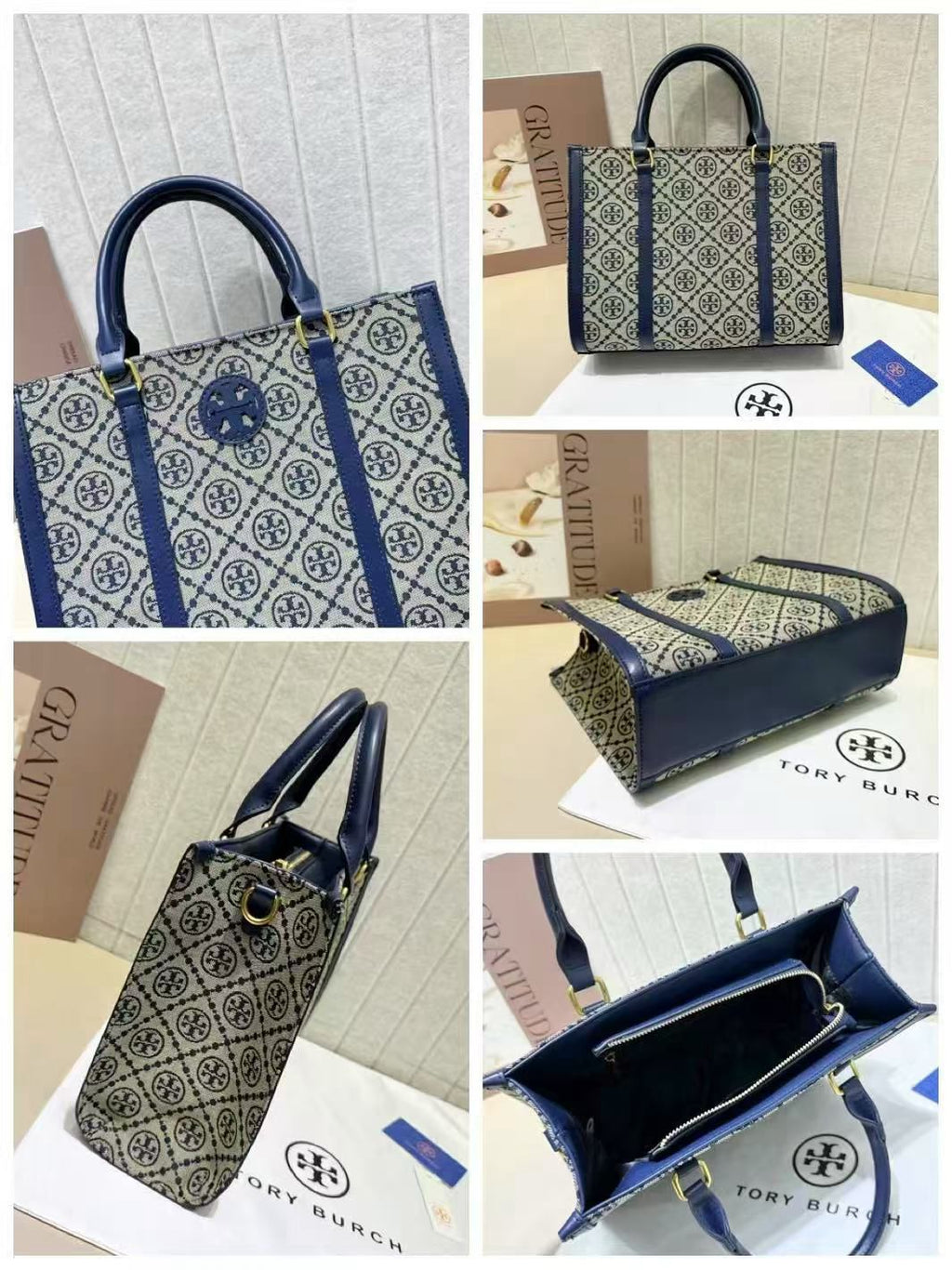 Tory Burch Ella T Monogram Small Tote (Tory Navy)