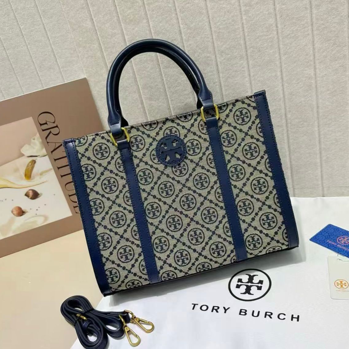 Tory Burch Ella T Monogram Small Tote (Tory Navy)