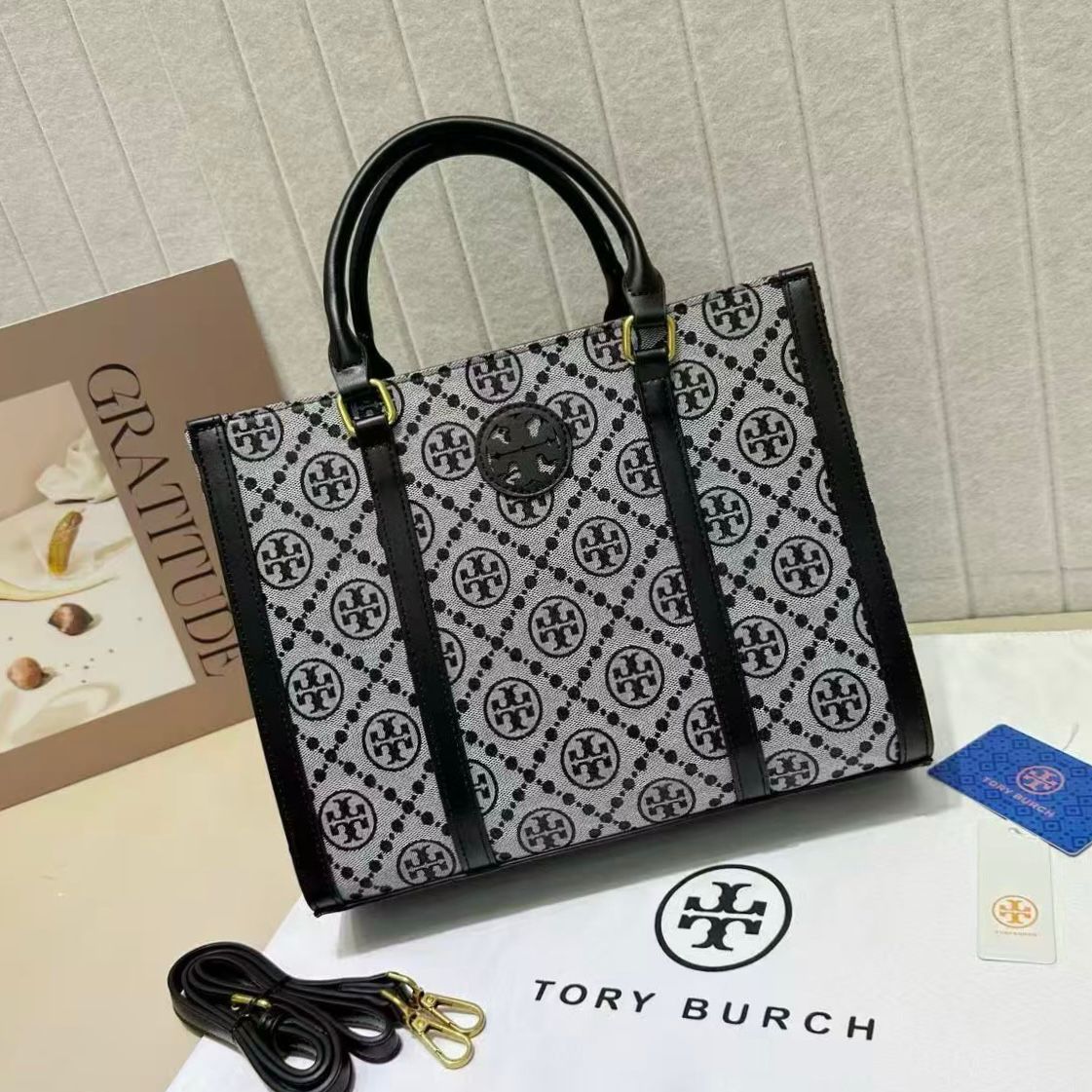 Tory Burch Ella T Monogram Small Tote (Black / Silver Jacquard)
