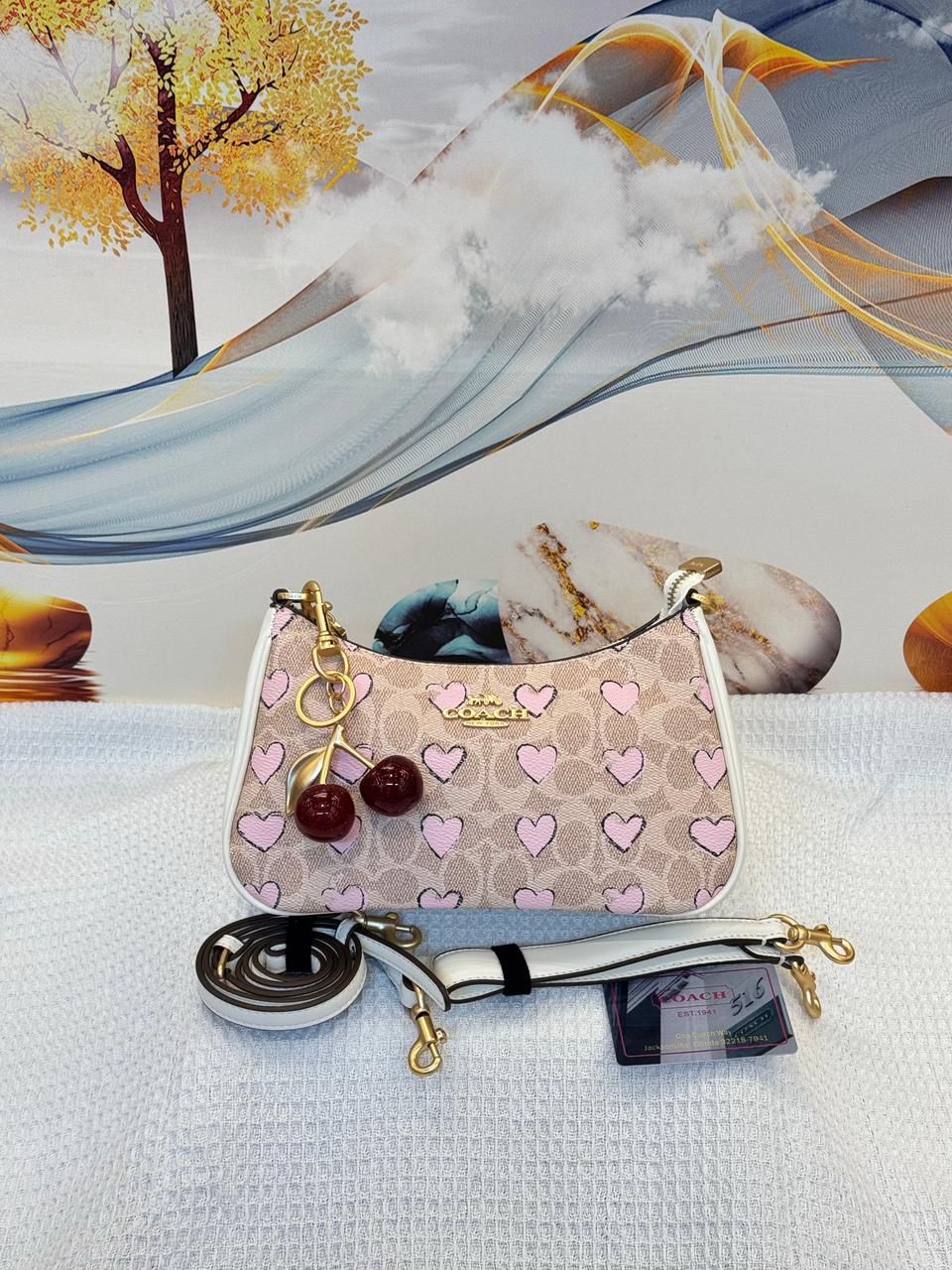 Coach Teri Shoulder Bag in Signature Canvas with Heart Print (Pink/Khaki/Chalk)