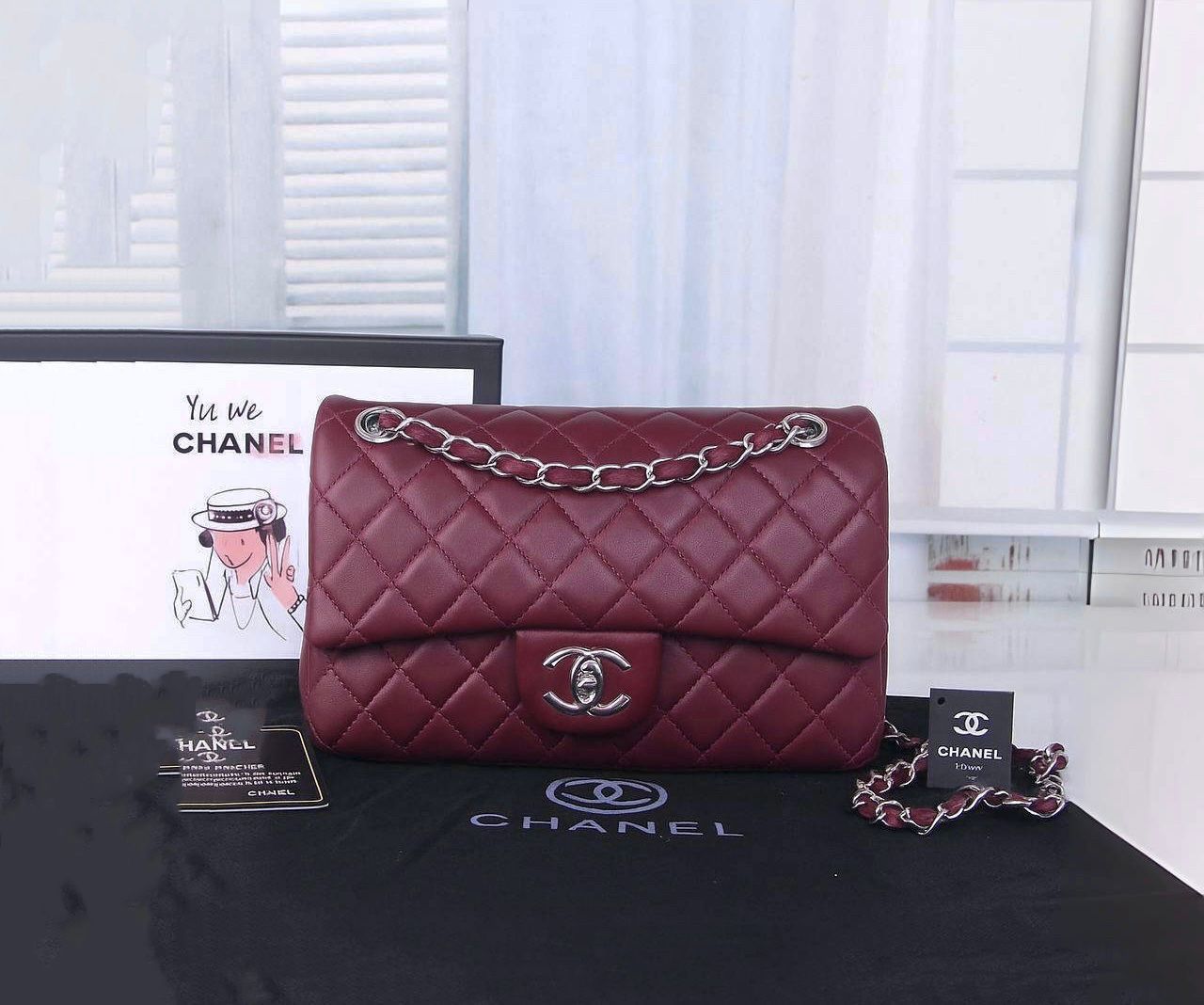 Chanel Classic Double Flap Bag (Burgundy Lambskin with Silver Hardware)