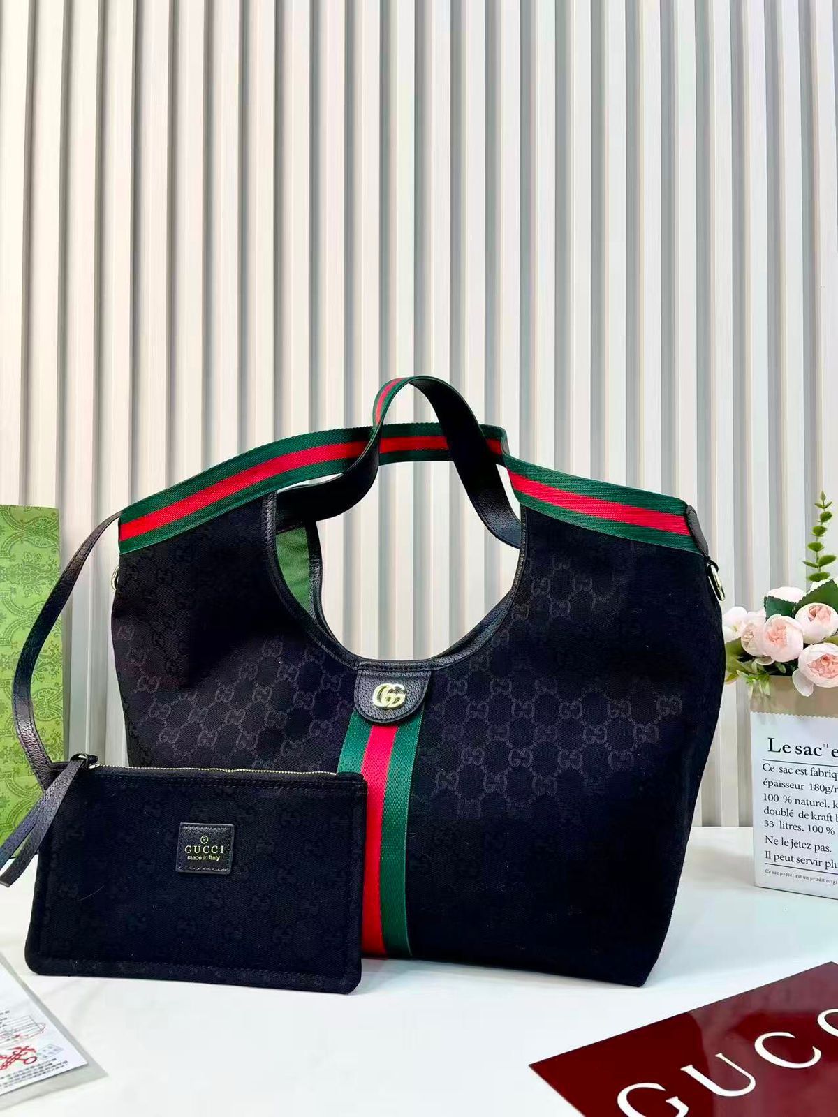 Gucci Ophidia GG Large Tote with Matching Pouch (Black Canvas)