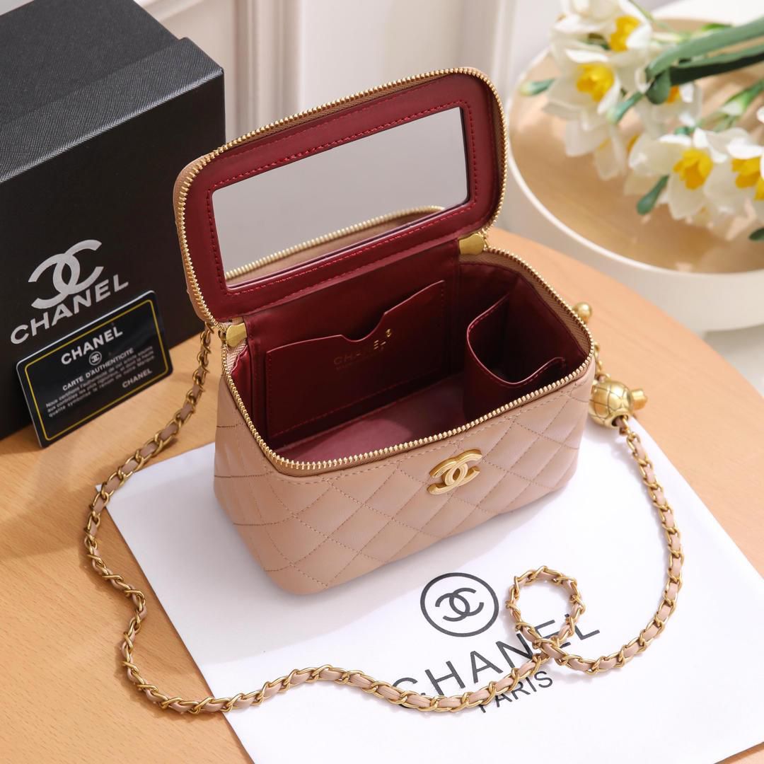 Chanel Small Vanity Case with Chain (Beige Lambskin with Gold Hardware)