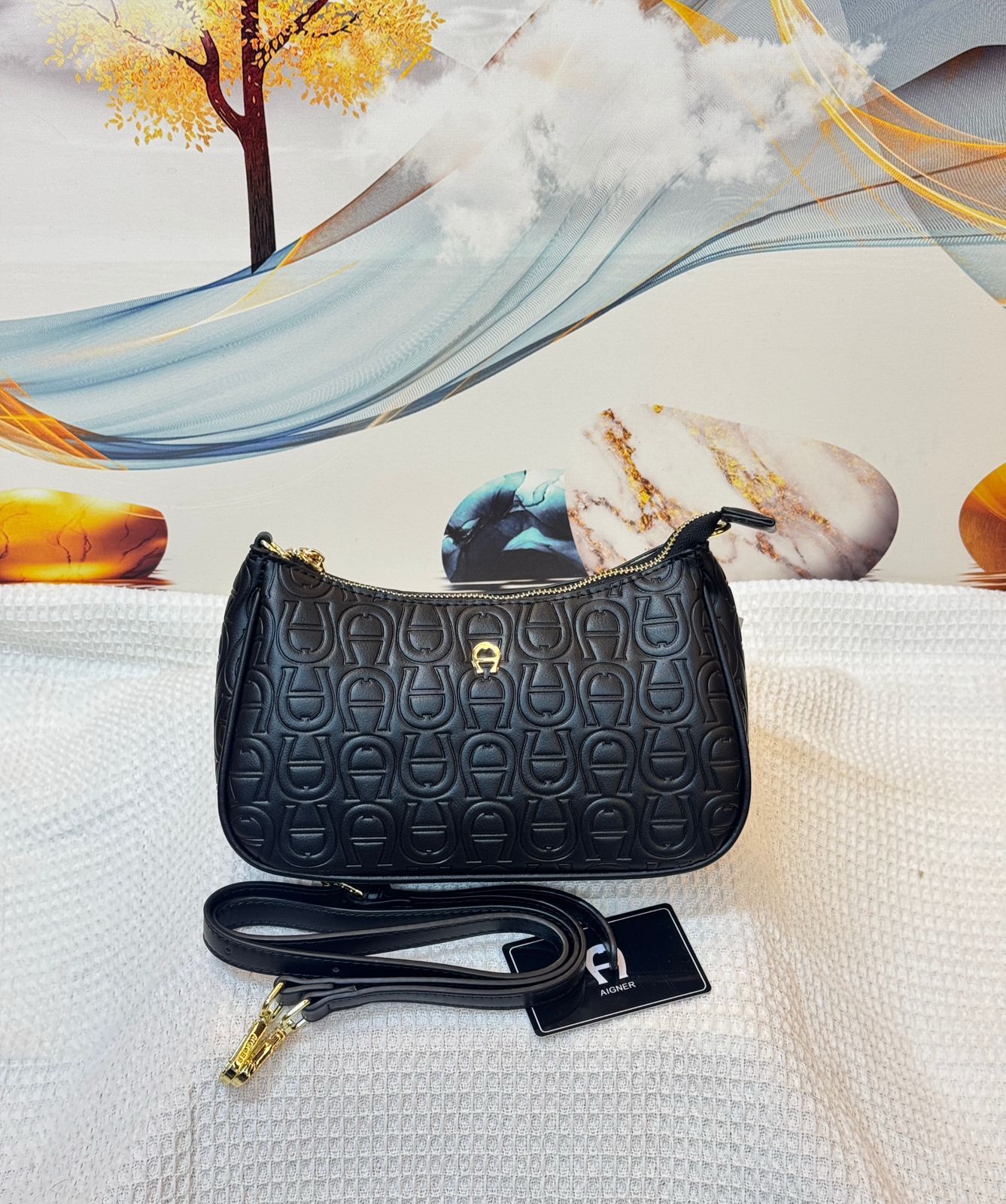 Aigner Adria Monogram Pouch (Black Debossed Leather)