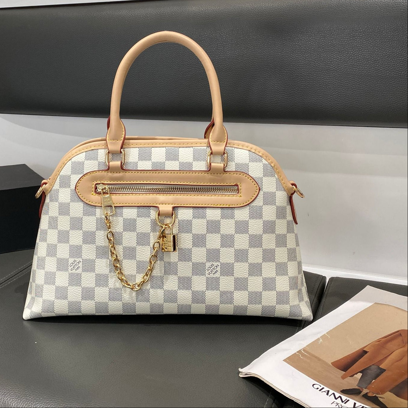 Louis Vuitton Pallas MM (Damier Azur Canvas with Natural Cowhide Leather Trim)