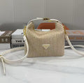 Prada Arqué Small Crochet and Leather Shoulder Bag (Natural/White)
