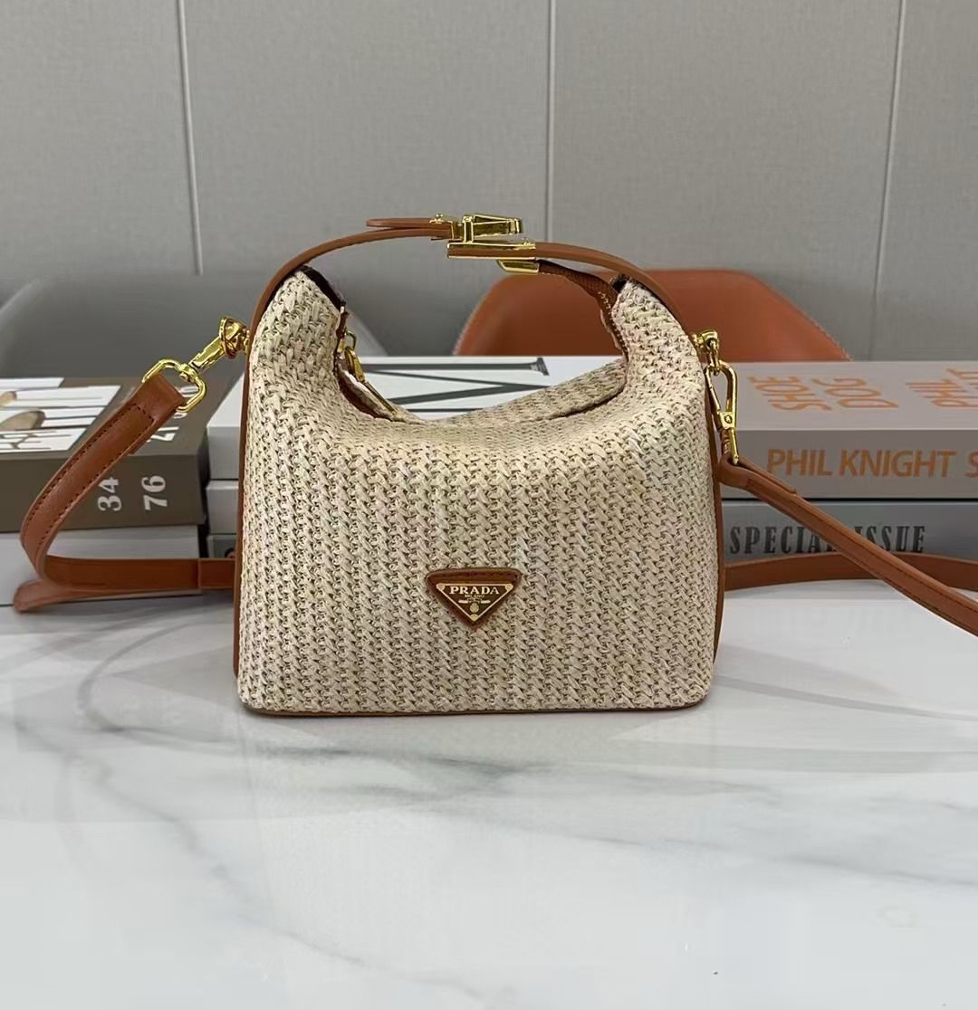 Prada Arqué Small Crochet and Leather Shoulder Bag (Natural/Beige) (Copy)