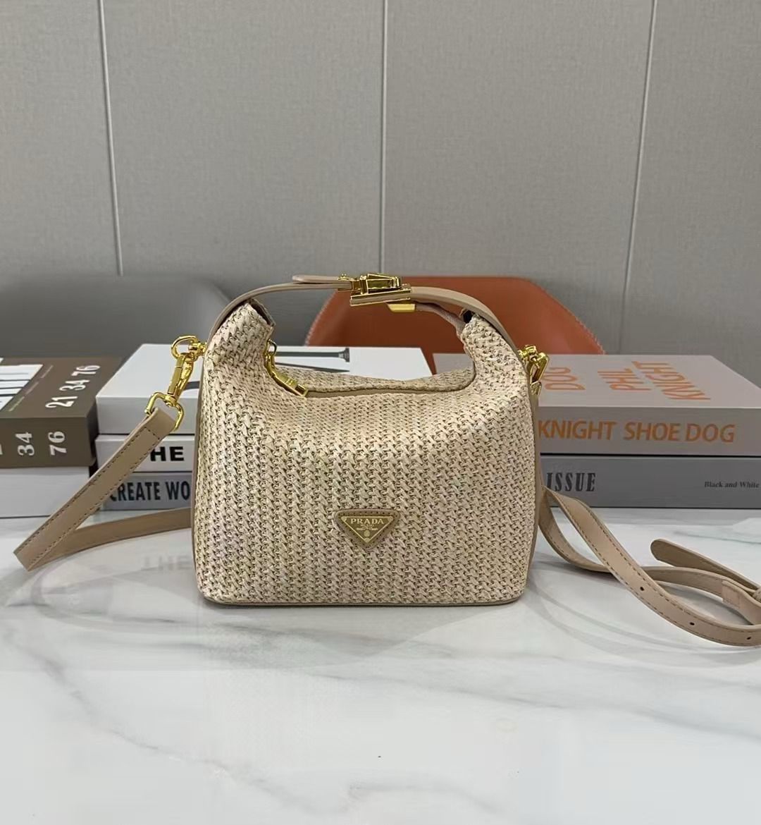 Prada Arqué Small Crochet and Leather Shoulder Bag (Natural/Beige)