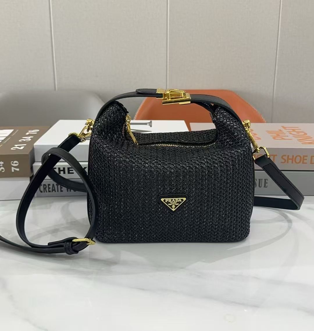Prada Arqué Small Crochet and Leather Shoulder Bag (Black)