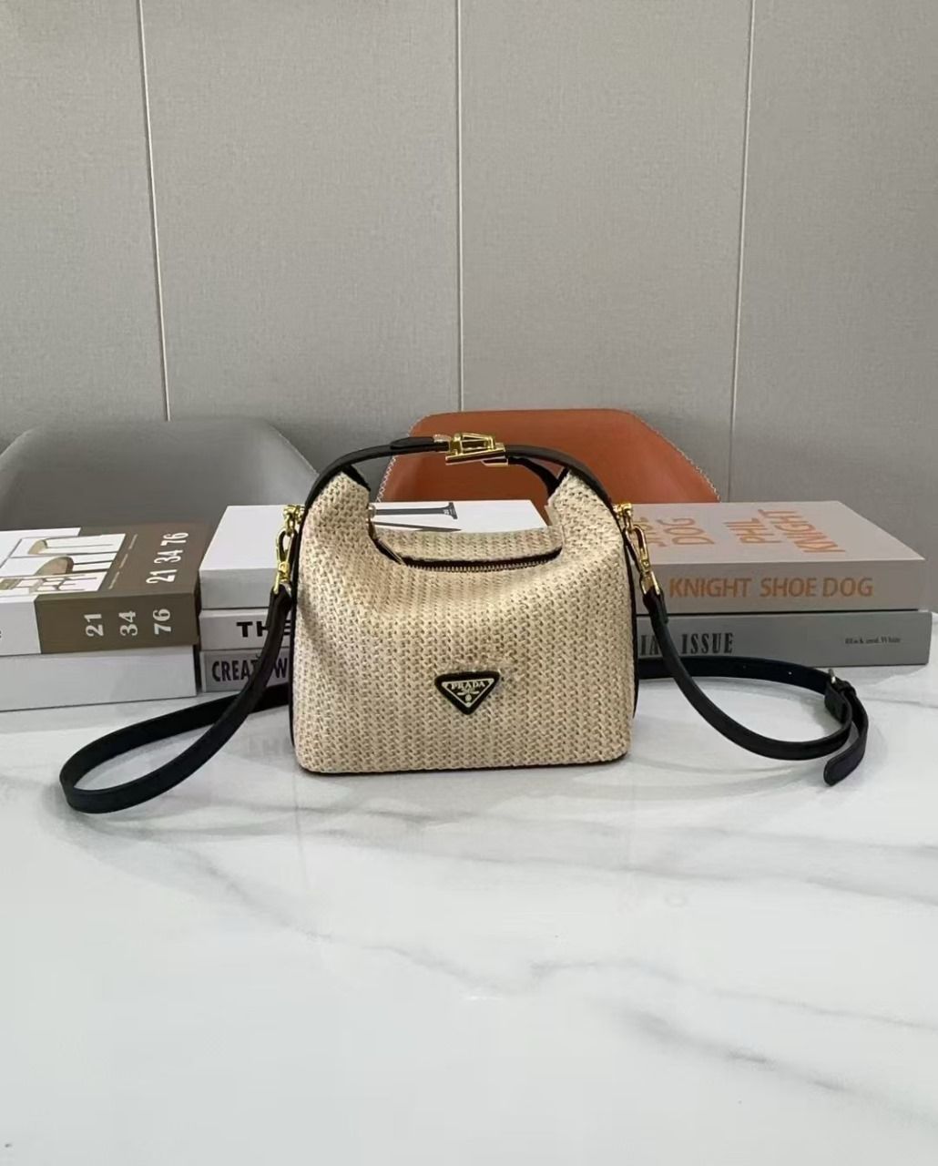 Prada Arqué Small Crochet and Leather Shoulder Bag (Natural/Black)