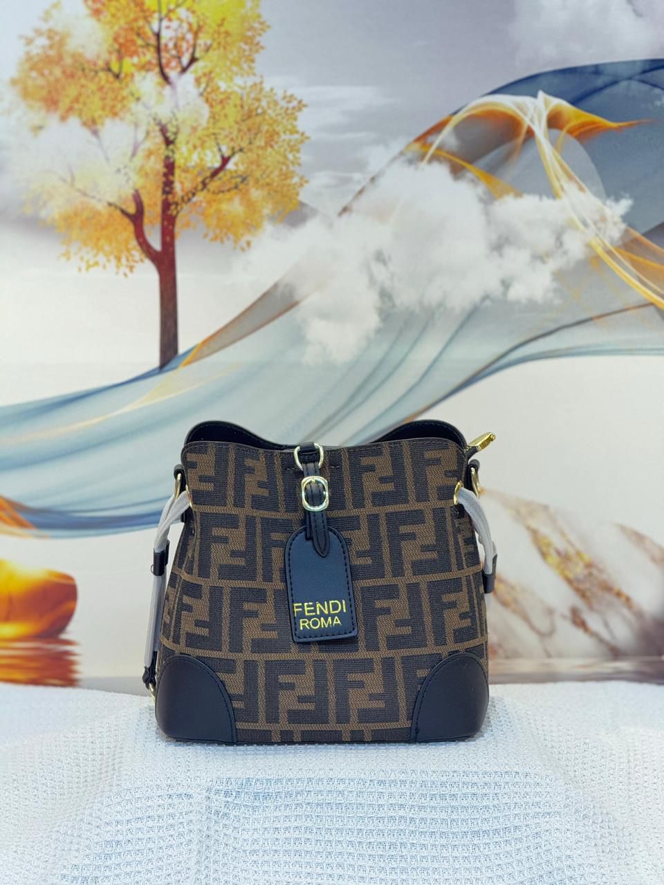 Fendi Mon Tresor Bucket Bag (Tobacco Zucca Monogram with Black Leather Trim)