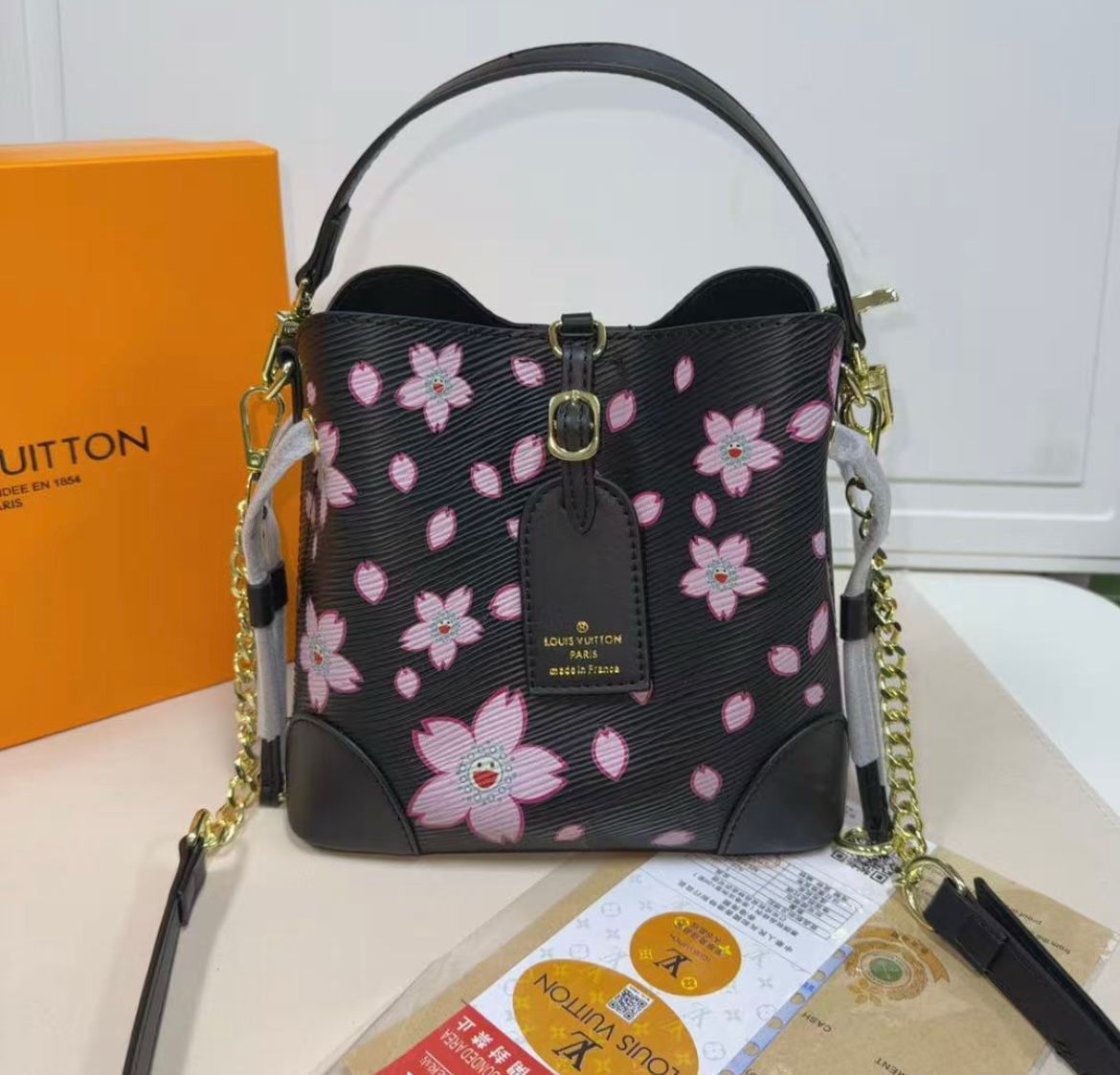 Louis Vuitton Nano Noé (Black Epi Leather with Cherry Blossom Print)