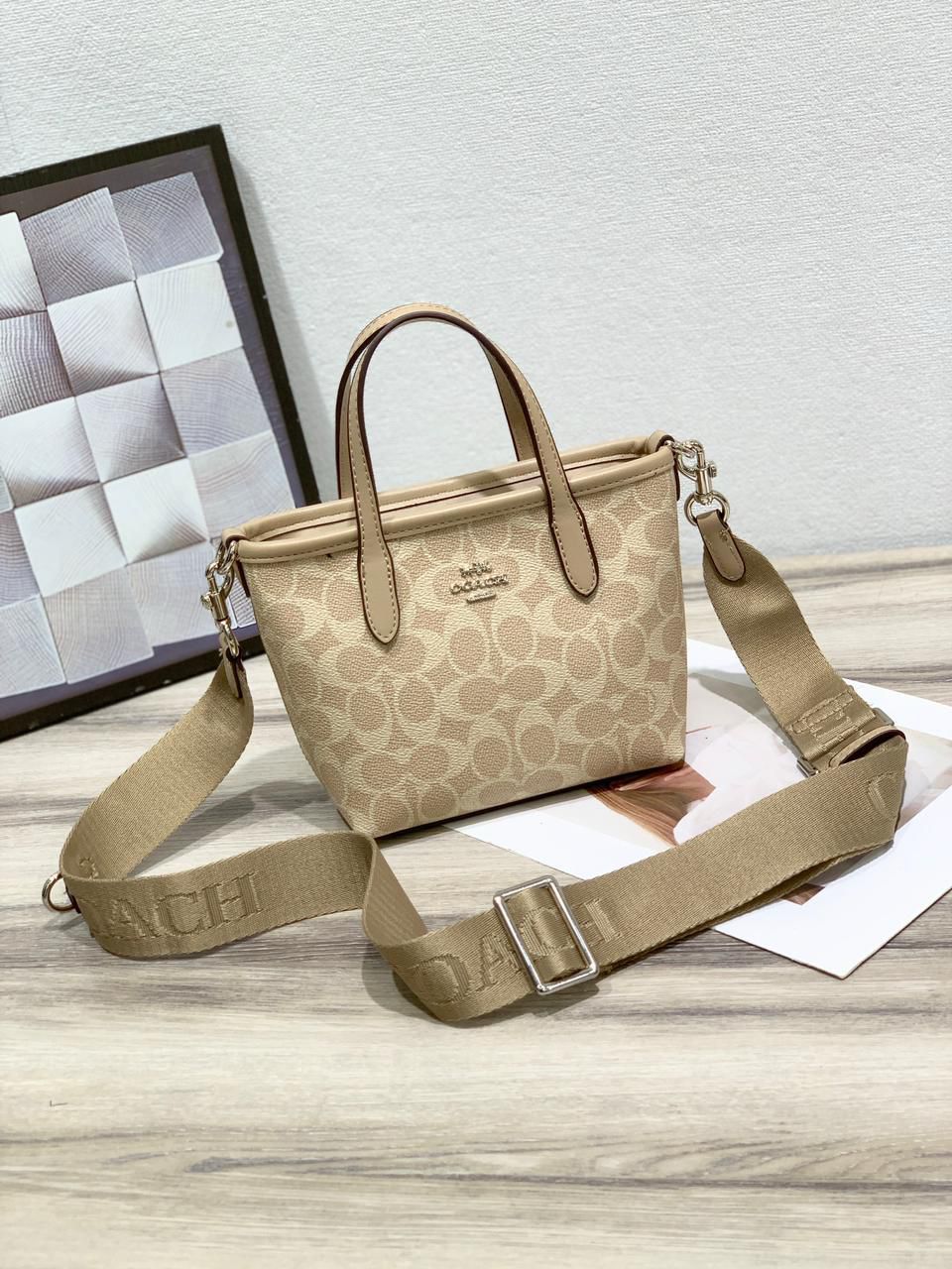 Coach Mini Mollie Tote in Signature Canvas (Light Khaki/Beachwood)