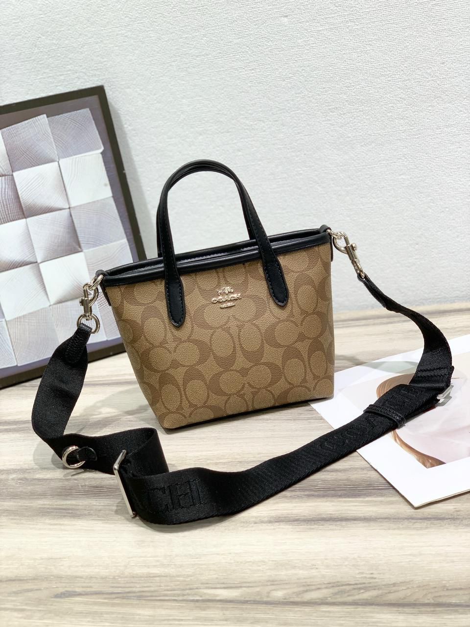 Coach Mini Mollie Tote in Signature Canvas (Khaki/Black)
