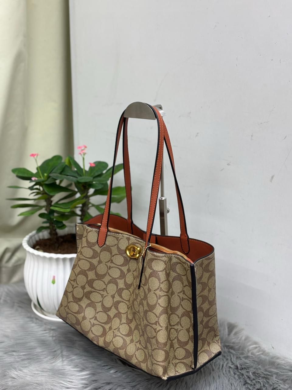 Coach Willow Tote in Signature Canvas with Rust Leather Trim