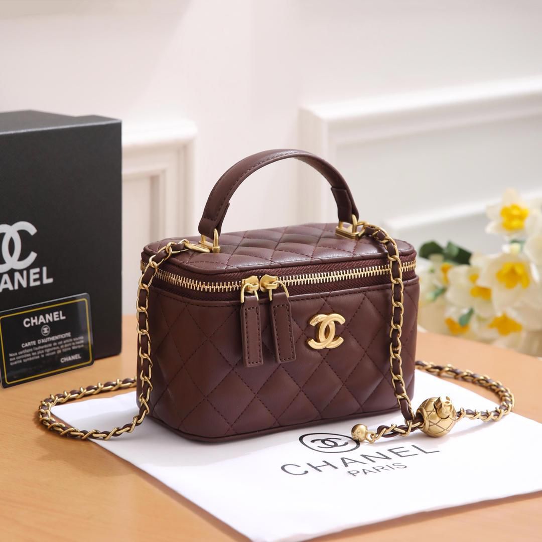 Chanel Small Vanity Case with Chain (Brown Lambskin with Gold Hardware)