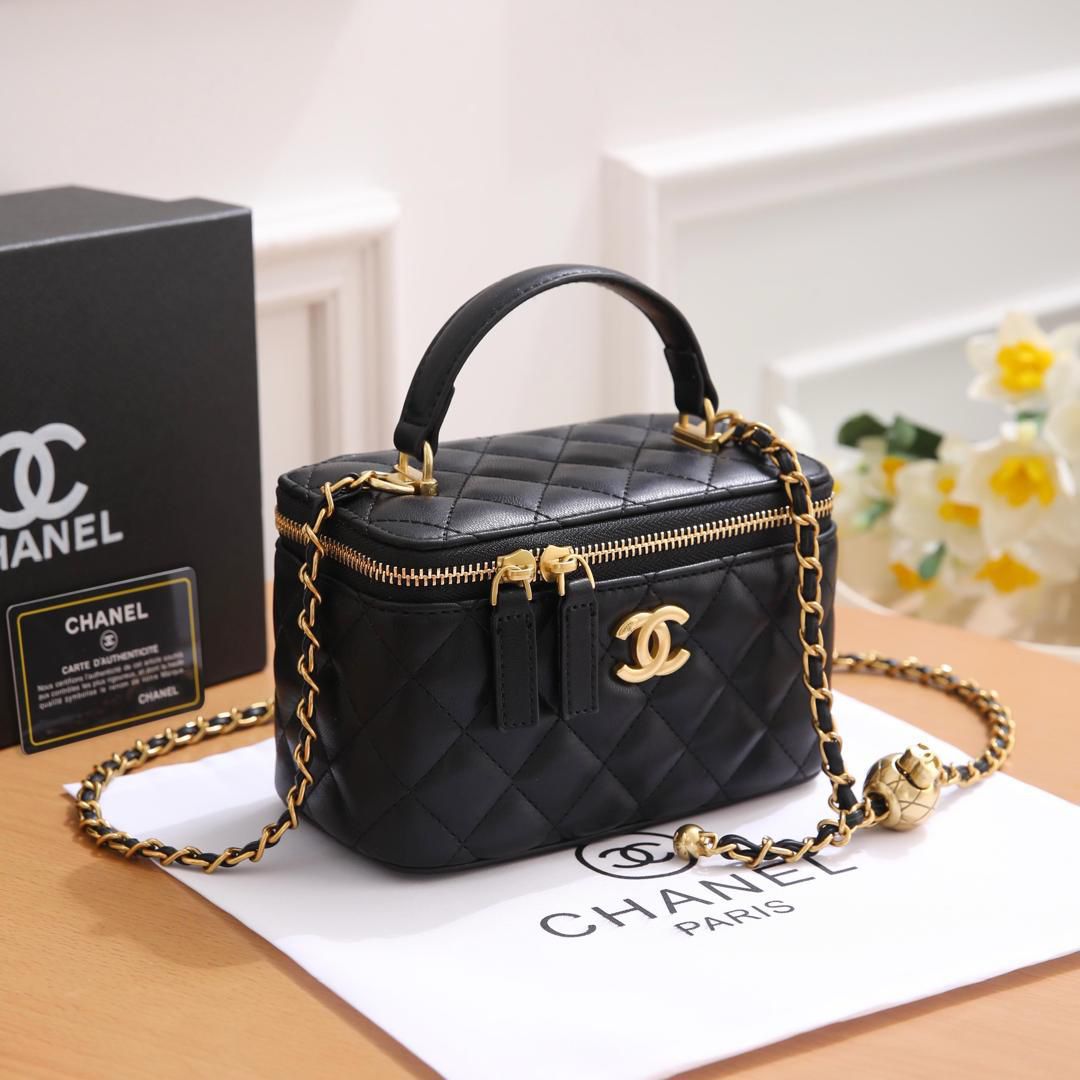 Chanel Small Vanity Case with Chain (Black Lambskin with Gold Hardware)