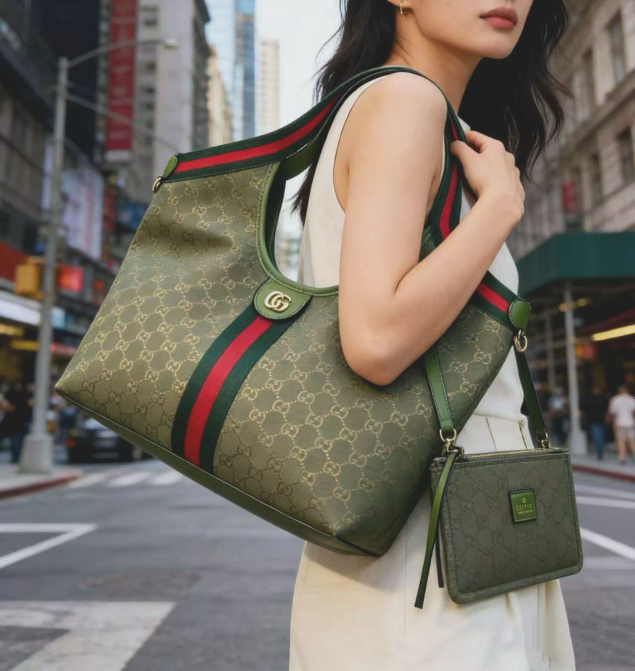 Gucci Ophidia GG Large Tote with Matching Pouch (Olive Green)