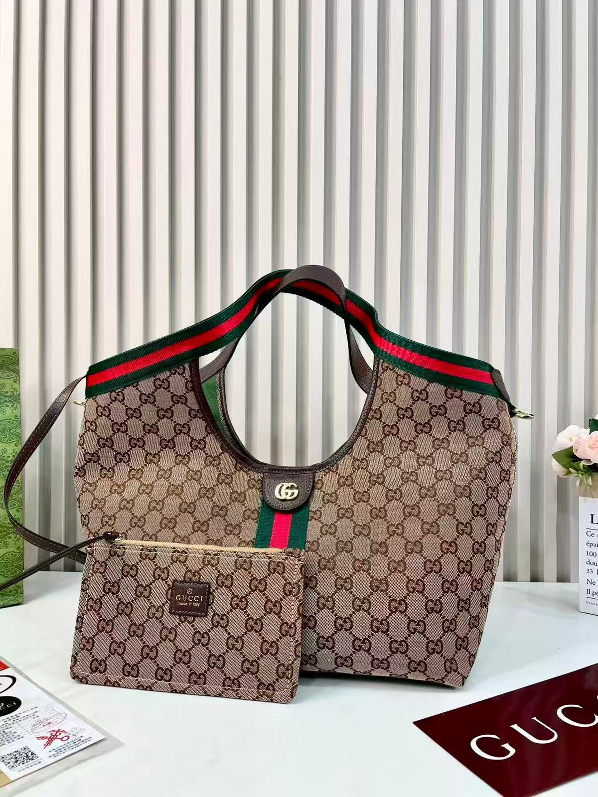 Gucci Ophidia GG Large Tote with Matching Pouch (Beige/Ebony & Brown)