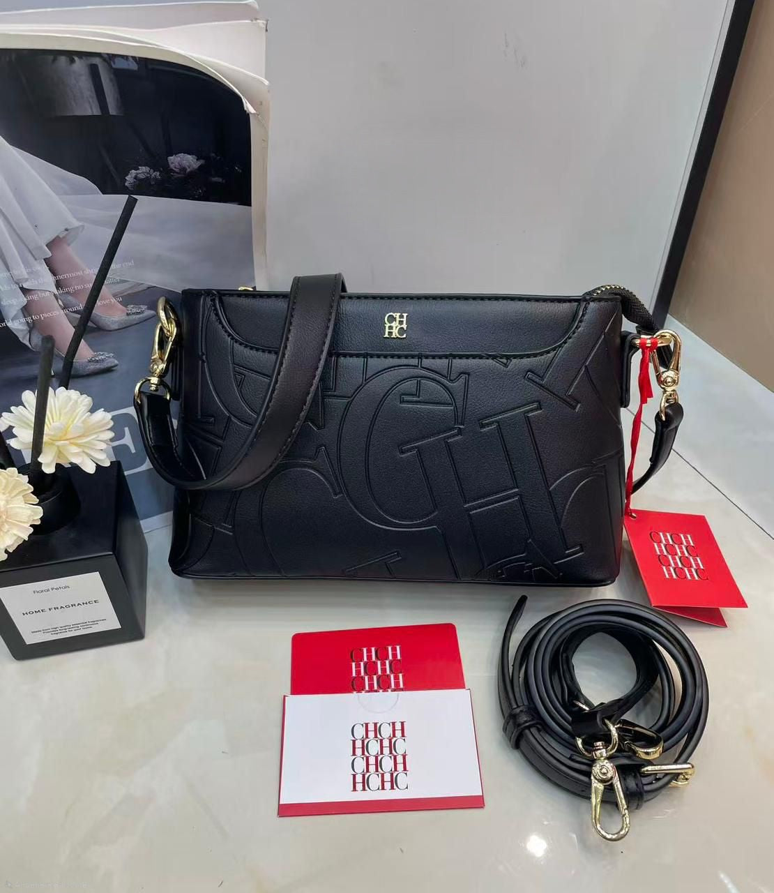 CH Carolina Herrera Initials Insignia Crossbody (Black Embossed)