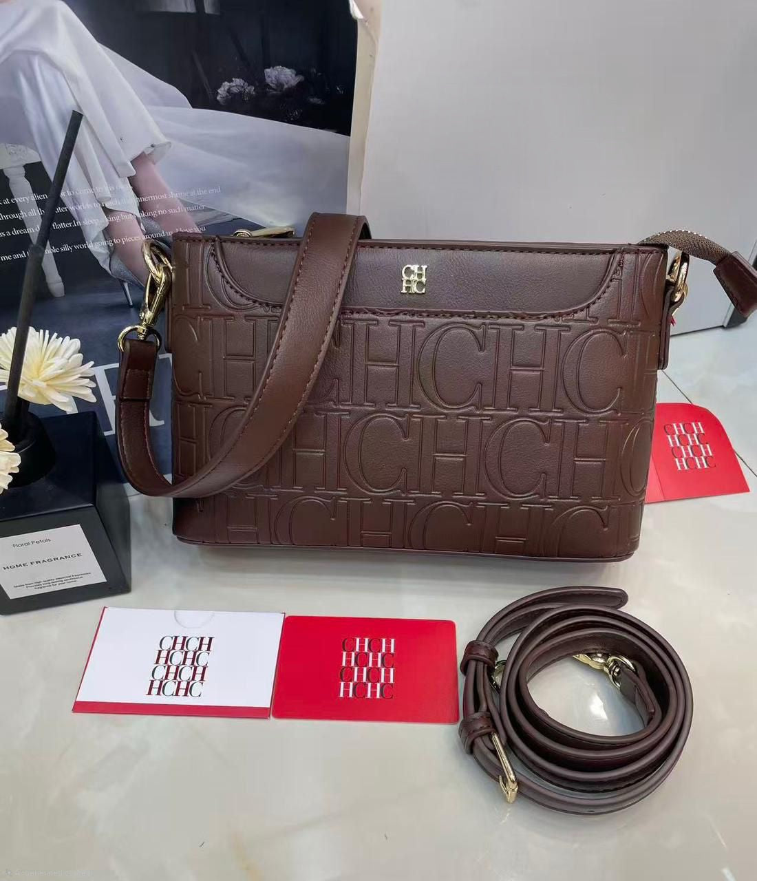 CH Carolina Herrera Embossed Logo Shoulder Bag (Coffee Brown)