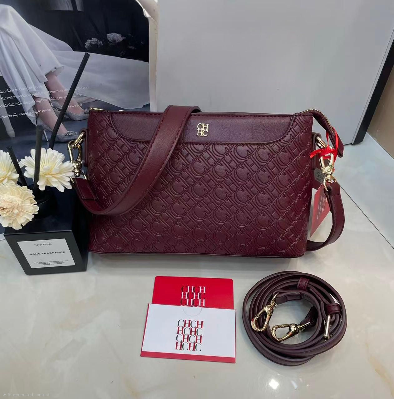 CH Carolina Herrera Embossed Monogram Shoulder Bag (Burgundy)