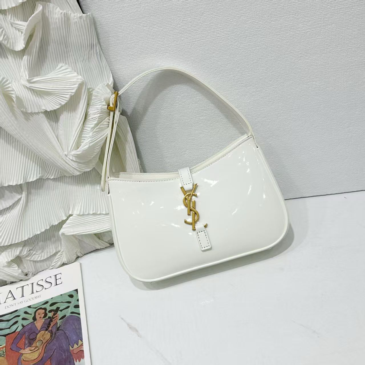 Saint Laurent LE 5 À 7 Hobo Bag (Blanc Patent)